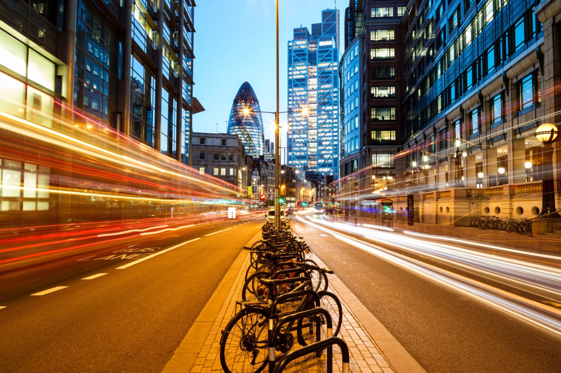 The City of London at dusk with light trails